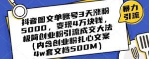抖音图文单账号3天涨粉5000，变现4万块钱，极简创业粉引流成交大法-财仔梦想资源网