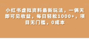 小红书虚拟资料最新玩法，一俩天即可见收益，每日轻松1000+，项目无门槛，0成本-财仔梦想资源网