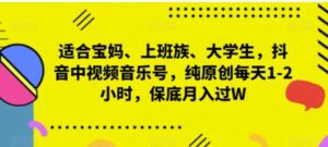 适合宝妈、上班族、大学生，抖音中视频音乐号，纯原创每天1-2小时，保底月入过W-财仔梦想资源网