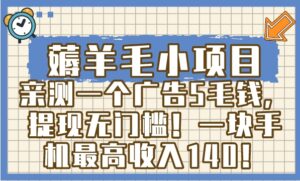 薅羊毛小项目，亲测一个广告5毛钱，提现无门槛！一块手机最高收入140！-财仔梦想资源网
