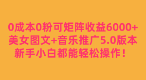 0成本0粉可矩阵月收益6000+，美女图文+音乐推广5.0版本，新手小白都能轻松-财仔梦想资源网