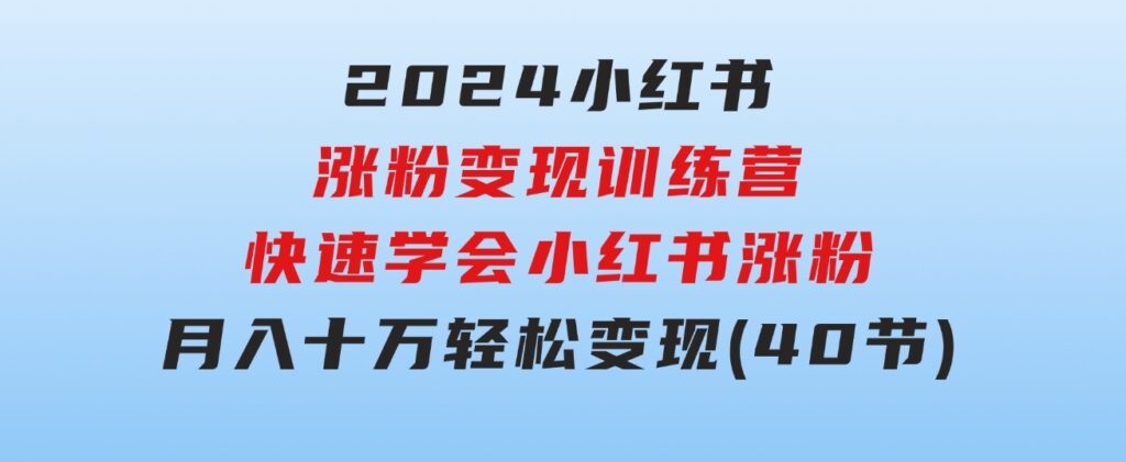 2024小红书涨粉变现训练营，快速学会小红书涨粉，月入十万轻松变现(40节)-财仔梦想资源网