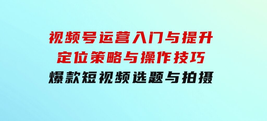 视频号运营入门与提升：定位策略与操作技巧，爆款短视频选题与拍摄-财仔梦想资源网