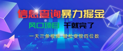 信息查询暴力掘金，一天三条视频，轻松变现四位数，风口项目干就完了【揭秘】-财仔梦想资源网