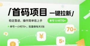 首码一键拉新项目，稳定靠谱，操作简单易上手，单号一小时70+，批量做每天5张【揭秘】-财仔梦想资源网