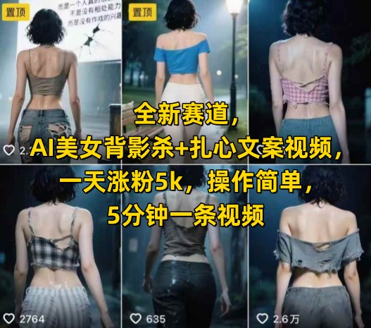 全新赛道，AI美女背影杀+扎心文案视频，一天涨粉5k，操作简单，5分钟一条视频-财仔梦想资源网