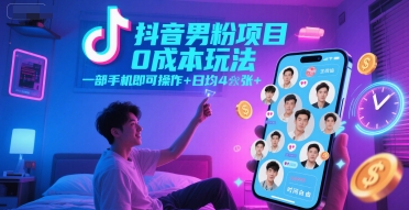 抖音男粉项目0成本玩法，一部手机即可操作，日均4张+，时间自由-财仔梦想资源网