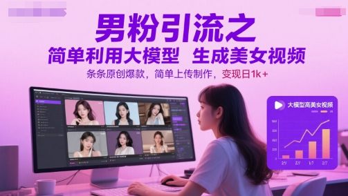 男粉引流之简单利用大模型生成美女视频，条条原创爆款，简单上传制作，变现日1k+-财仔梦想资源网