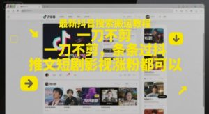 最新抖音搜索搬运教程，一刀不剪，条条过抖，推文短剧影视涨粉都可以-财仔梦想资源网