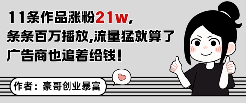 11条作品涨粉21W，条条百W播放，流量猛就算了，广告商也追着给钱-财仔梦想资源网