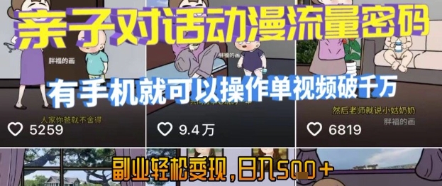 AI引爆短视频，亲子对话动漫流量密码，有手机就可以操作，单视频破千万播放，副业轻松变现，日入5张【揭秘】-财仔梦想资源网