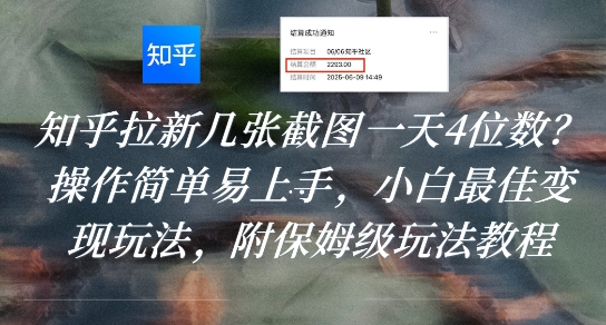 知乎拉新几张截图一天4位数？操作简单易上手，小白最佳变现玩法，附保姆级玩法教程-财仔梦想资源网