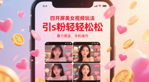 四开屏美女视频玩法，引s粉轻轻松松，暴力掘金，手机操作【揭秘】-财仔梦想资源网