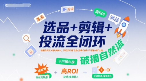 选品+剪辑+投流全闭环，破播自然流+撬动高ROI，手把手打通“选品-剪辑-测品-千川随心推”全链-财仔梦想资源网