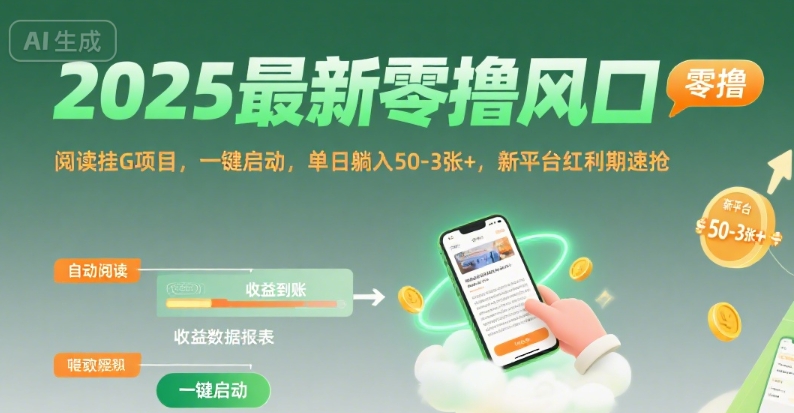 2025最新零撸风口，阅读挂G项目，一键启动，单日躺入50-3张+，新平台红利期速抢【揭秘】-财仔梦想资源网