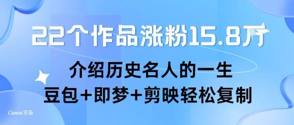 22个作品涨粉15.8W ，介绍历史名人的一生，豆包+即梦+剪映轻松复制-财仔梦想资源网