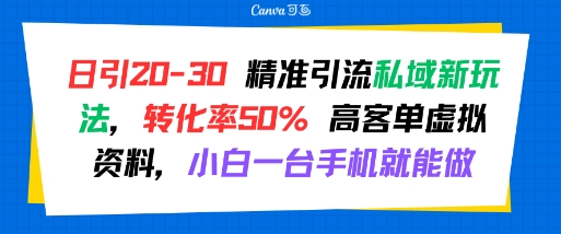 日引20-30精准引流私域新玩法，转化率50%高客单虚拟资料，小白一台手机就能做-财仔梦想资源网