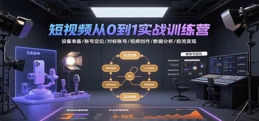 短视频从0到1实战训练营：设备准备/账号定位/对标账号/视频创作/数据分析/投流变现-财仔梦想资源网