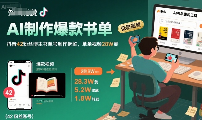 AI制作爆款书单，抖音42粉丝博主书单号制作拆解，单条视频28W赞-财仔梦想资源网