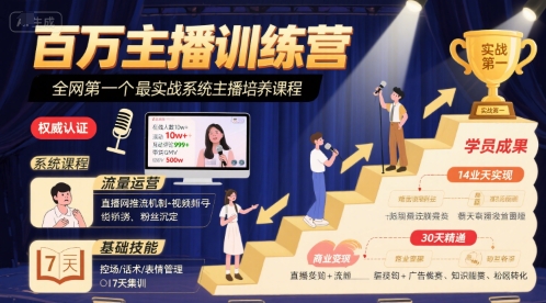 百万主播训练营，全网第一个最实战系统主播培养课程-财仔梦想资源网