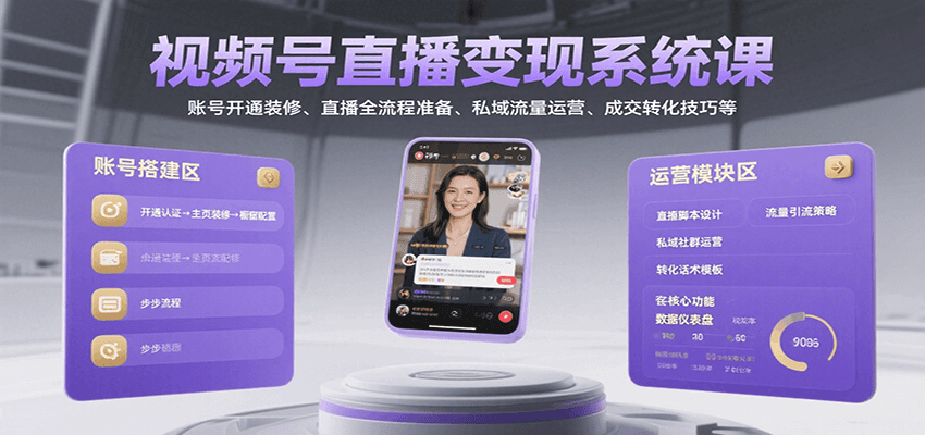 视频号直播变现系统课，账号开通装修、直播全流程准备、私域流量运营、成交转化技巧等-财仔梦想资源网