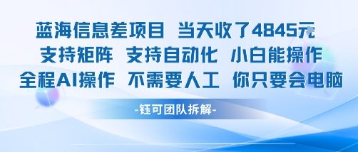 蓝海信息差项目当天收米1k+ 支持矩阵支持自动化小白能操作全程AI操作不需要人工你只要会电脑-财仔梦想资源网