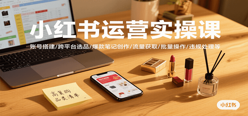 小红书运营实操课，账号搭建/跨平台选品/爆款笔记创作/流量获取/批量操作/违规处理等-财仔梦想资源网