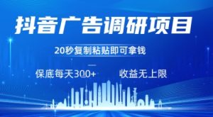 抖音广告调研项目，只需复制粘贴广告即可挣钱，任务不限量，一天稳定3张-财仔梦想资源网