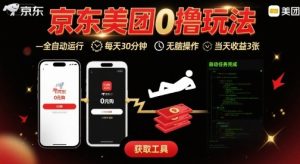 京东美团平台最新0撸玩法，全自动挂G，每天30分钟，无脑操作，当天收益3张【揭秘】-财仔梦想资源网