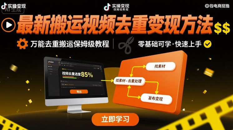 最新搬运视频去重变现方法，万能去重搬运保姆级教程-财仔梦想资源网