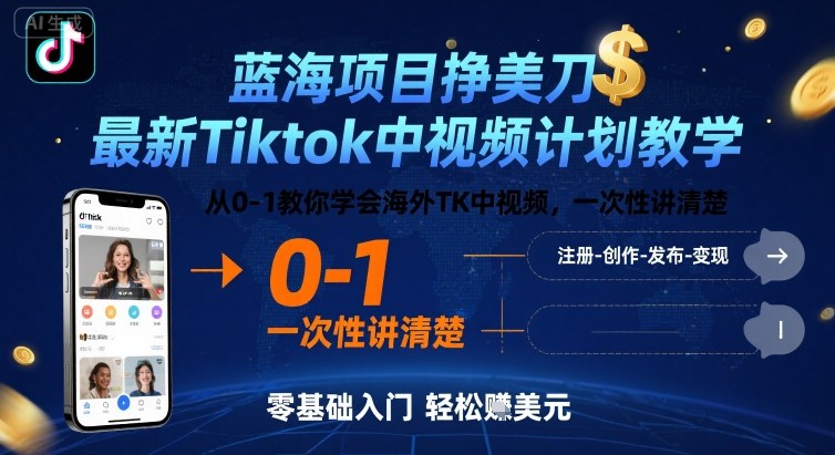 蓝海项目挣美刀，最新Tiktok中视频计划教学，从0-1教你学会海外TK中视频，一次性讲清楚-财仔梦想资源网