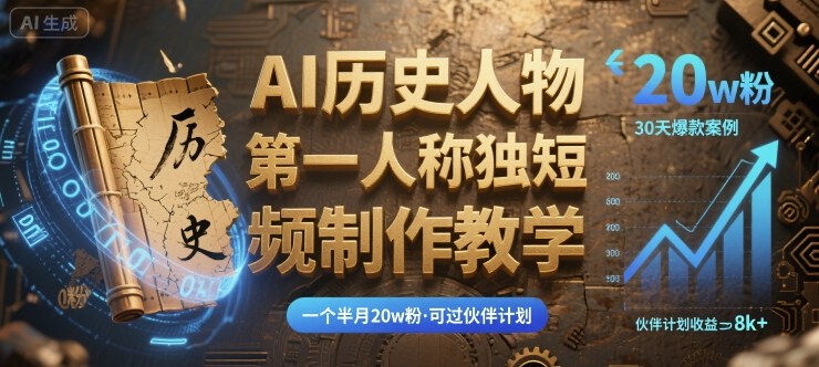 最新AI历史人物第一人称独白短视频制作教学，一个半月20w粉，可过伙伴计划-财仔梦想资源网