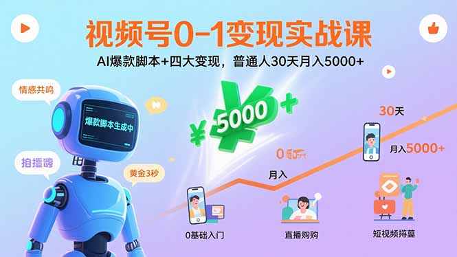 视频号0-1变现实战课：AI爆款脚本+四大变现，普通人30天月入5000+-财仔梦想资源网