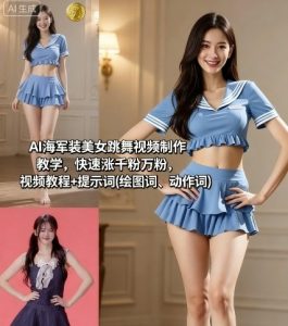 AI海军装美女跳舞视频制作教学，快速涨千粉万粉，视频教程+提示词(绘图词、动作词)-财仔梦想资源网