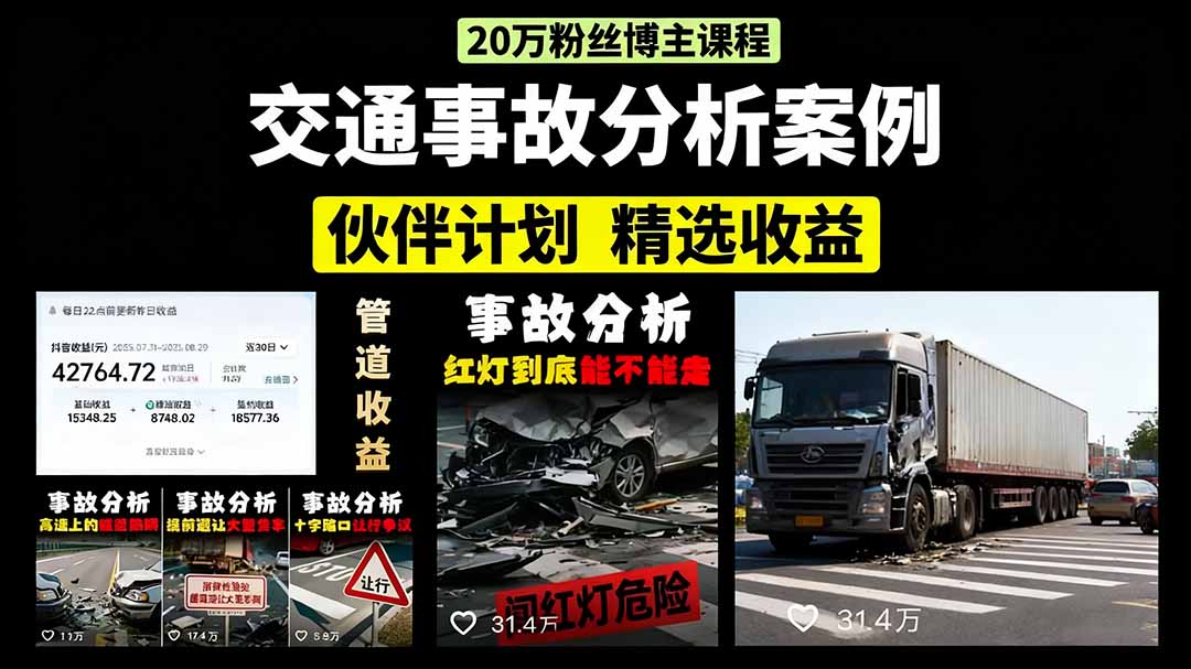 交通事故分析案例短视频，剪辑技巧+文案模板+配音教学+快速起号月收益2w+-财仔梦想资源网