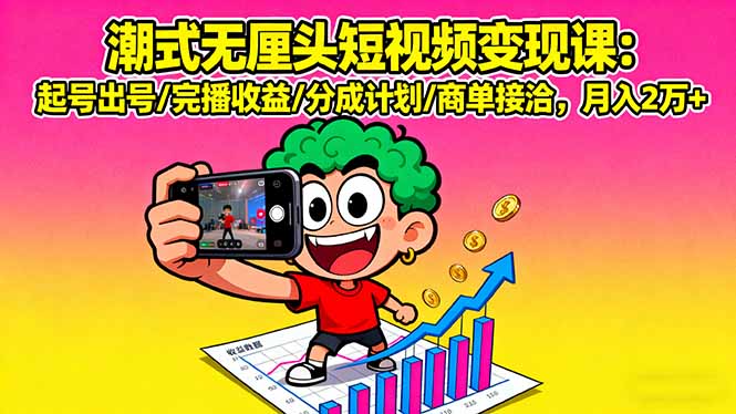 潮式无厘头短视频变现课：起号出号/完播收益/分成计划/商单接洽，月入2万+-财仔梦想资源网