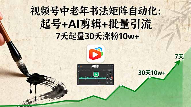 视频号中老年书法矩阵自动化：起号+AI剪辑+批量引流7天起量30天涨粉10w+-财仔梦想资源网