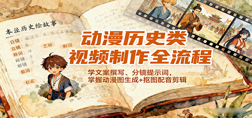 动漫历史类视频制作全流程，学文案撰写、分镜提示词，掌握动漫图生成+抠图配音剪辑-财仔梦想资源网