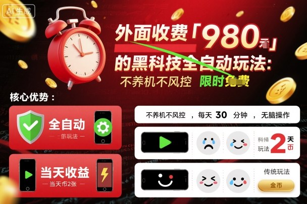 外面收费980的黑科技全自动玩法，不养机不风控，每天30分钟，无脑操作，当天收益2张【揭秘】-财仔梦想资源网