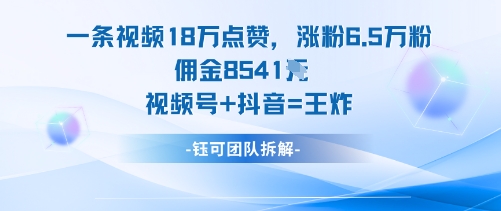 一条视频18W点赞，涨粉6.5W粉佣金8541米，视频号+抖音=王炸-财仔梦想资源网