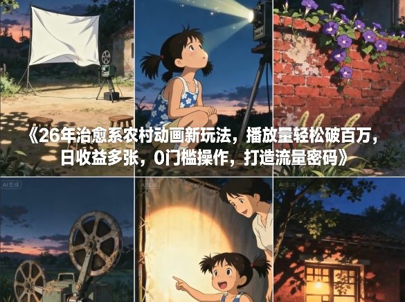 26年治愈系农村动画新玩法，播放量轻松破百万，日收益多张，0门槛操作，打造流量密码-财仔梦想资源网