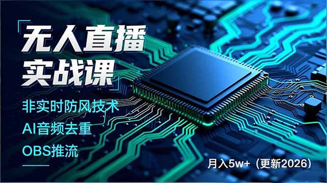 无人直播实战课，非实时防风技术、AI音频去重、OBS推流，建立技术壁垒，月入5w+(更新2026-财仔梦想资源网