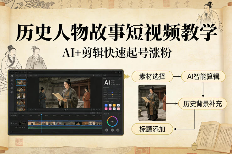 历史人物故事短视频教学，AI+剪辑制作历史人物题材短视频，快速起号涨粉-财仔梦想资源网