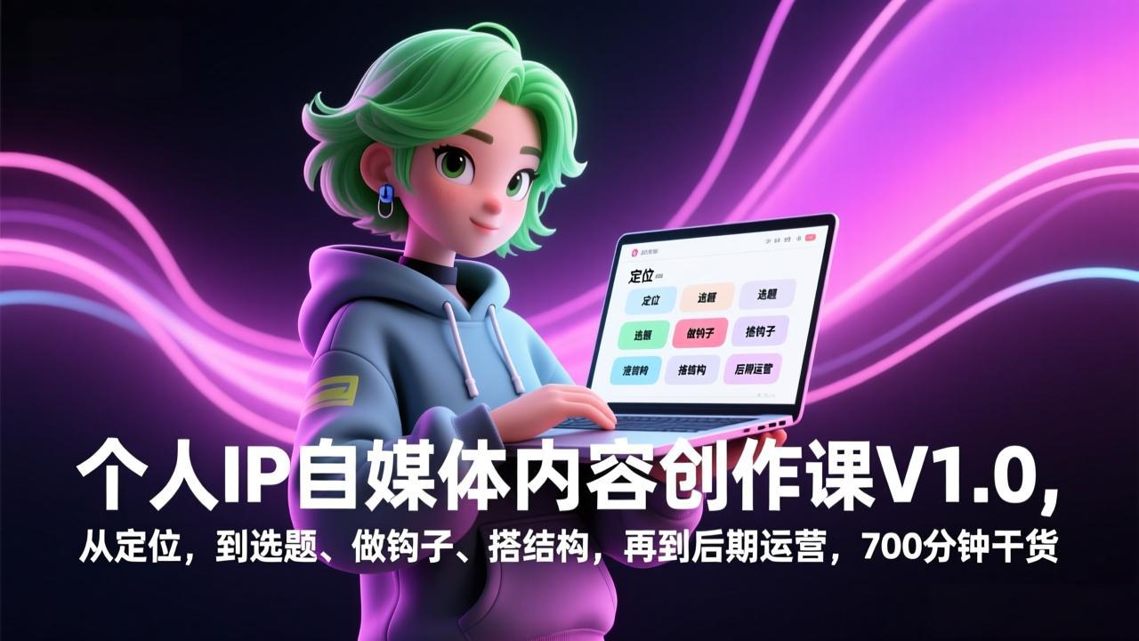 个人IP自媒体内容创作课V1.0，从定位，到选题、做钩子、搭结构，再到后期运营，700分钟干货-财仔梦想资源网