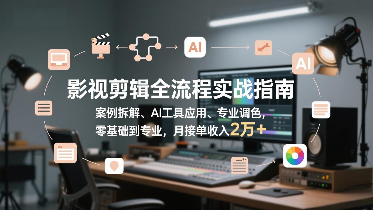 影视剪辑全流程实战指南，案例拆解、AI工具应用、专业调色，零基础到专业，月接单收入2万+-财仔梦想资源网