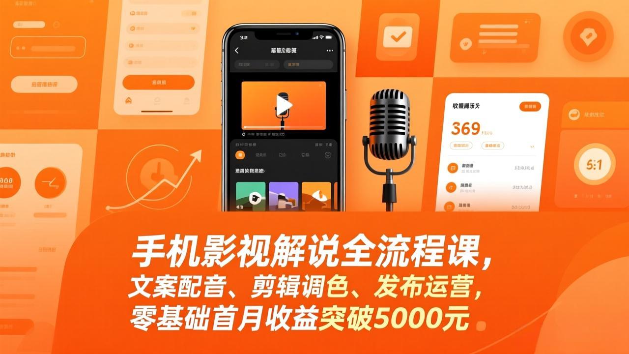 手机影视解说全流程课，文案配音、剪辑调色、发布运营，零基础首月收益突破5000元-财仔梦想资源网
