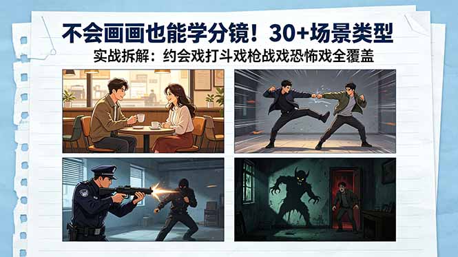 不会画画也能学分镜！30+场景类型实战拆解：约会戏打斗戏枪战戏恐怖戏全覆盖-财仔梦想资源网
